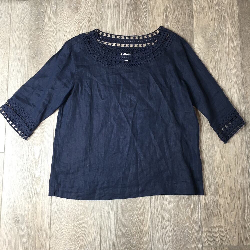 J. Jill Love Linen Blouse Eyelet Quarter Sleeve Top Crochet Blouse Navy Blue S